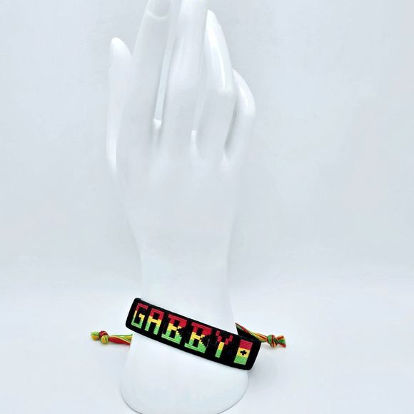 Gabby Name Bracelet Ghana Handmade Stitched Slide Jewelry Gabrielle Black Cuff - Picture 2 of 6